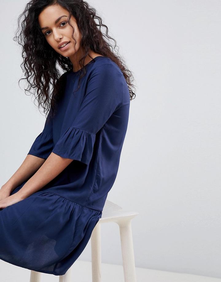 Y.a.s Fluted Sleeve Drop Hem Dress - Navy
