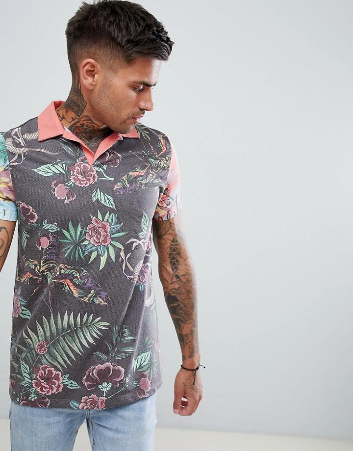Asos Design Polo With Contrast Floral Print And Revere Collar In Pique - Multi