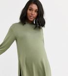 Asos Design Maternity Longline Top With Long Sleeve In Textured Jersey In Khaki-green