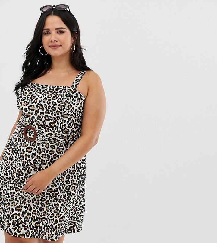 Asos Design Curve Square Neck Linen Mini Sundress With Wooden Buckle In Leopard Print - Multi