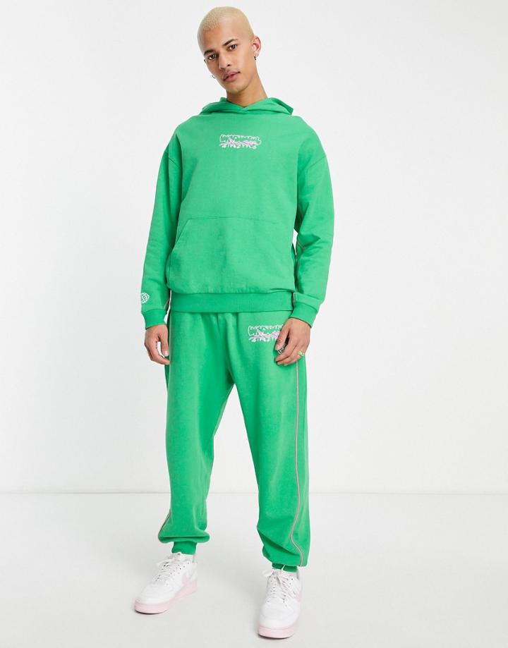 Asos Daysocial Balloon Sweatpants With Logo Graphic Print And Contrast Piping In Green - Part Of A Set