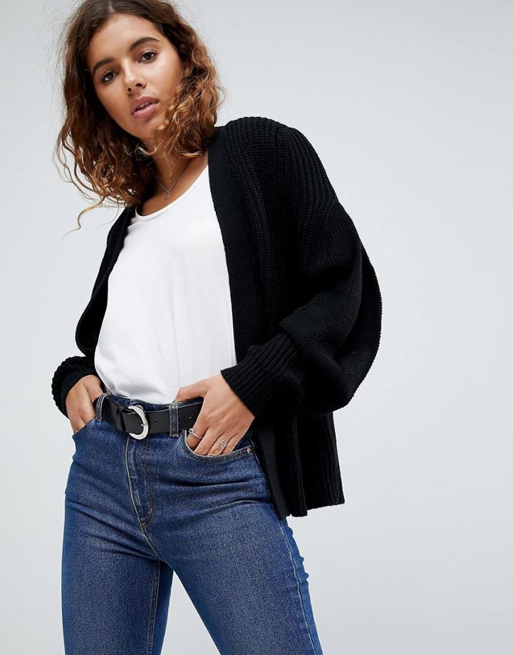 Asos Chunky Cardigan With Pleat Sleeve - Black