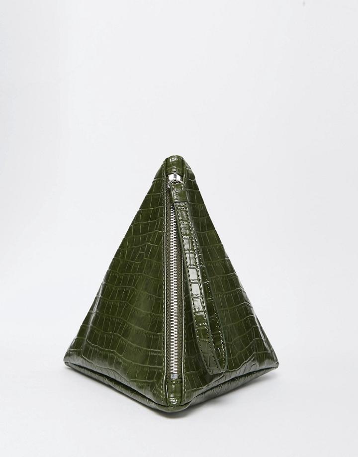 Monki Croc Effect Zip Pyramid Clutch - Green