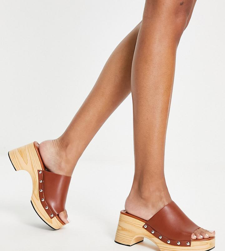 Glamorous Wide Fit Mid Clog Mule Sandals In Tan-brown