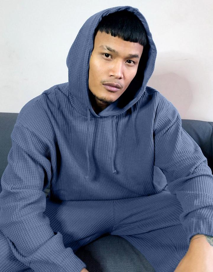 Asos Design Coordinating Oversized Hoodie In Blue Waffle Knit-blues