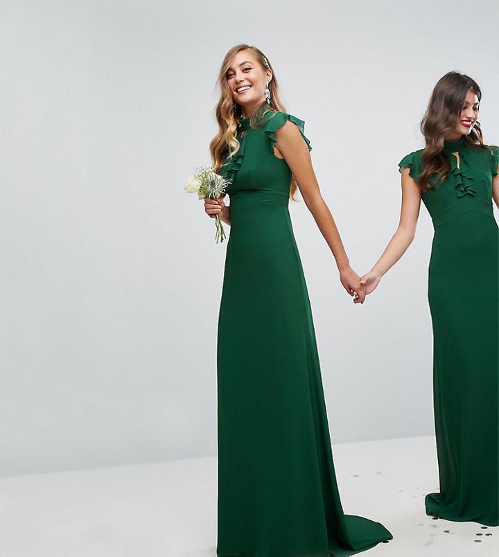 Tfnc Tall Flutter Sleeve Fitted Maxi Bridesmaid Dress In Chiffon - Green