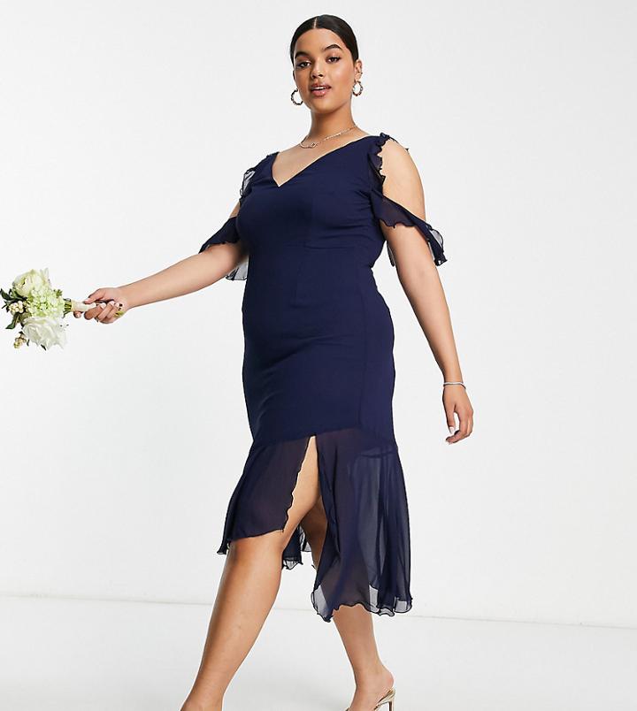 Little Mistress Plus Bridesmaid Cold Shoulder Midi Dress In Navy