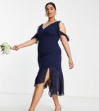 Little Mistress Plus Bridesmaid Cold Shoulder Midi Dress In Navy