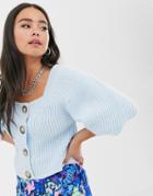 Asos Design Square Neck Cardigan With Volume Sleeve-blue