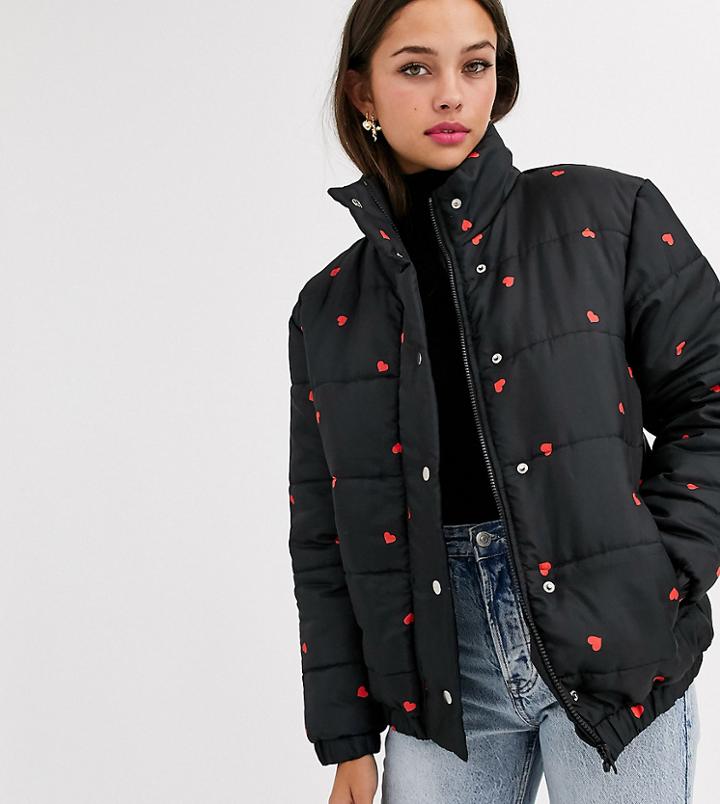 Daisy Street Padded Jacket In Ditsy Heart Print-black