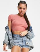 Missguided Sheer Ribbed T-shirt In Rose-pink