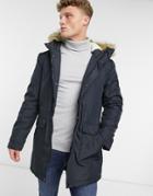 Only & Sons Parka With Teddy Lined Hood And Removable Faux Fur Trim In Navy