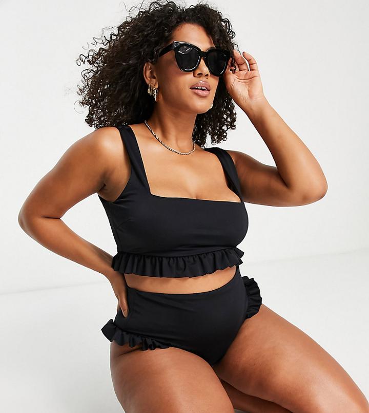 Asos Design Curve Mix And Match Crop Frill Bikini Top In Black