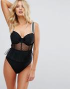Asos Fuller Bust Elastic Trim Dot Mesh Tulle Swimsuit Dd-g - Black