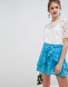 Asos Design Frill Mini Skirt With Tie Waist In Soft Jacquard-blue