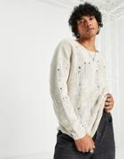 Asos Design Knit Slouchy Laddered Sweater In Ecru-neutral
