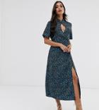 Fashion Union Petite High Neck Midi Shift Dress With Key Hole Detail In Dalmation Satin - Blue