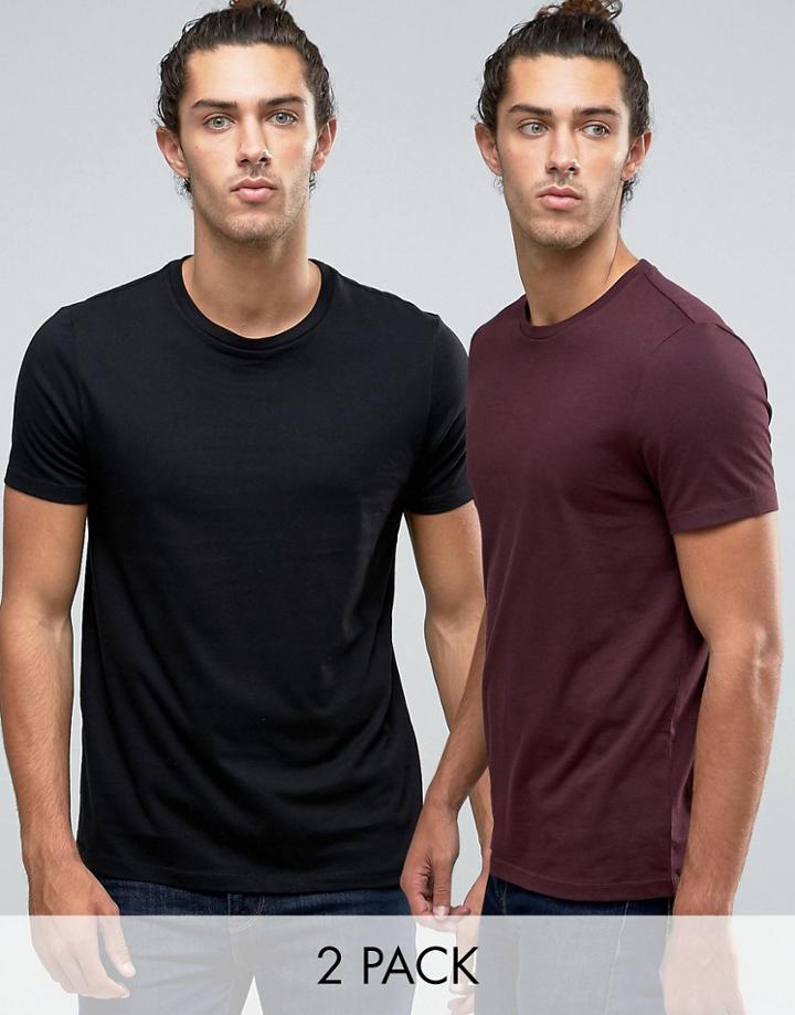 Asos 2 Pack T-shirt In Black/oxblood - Multi