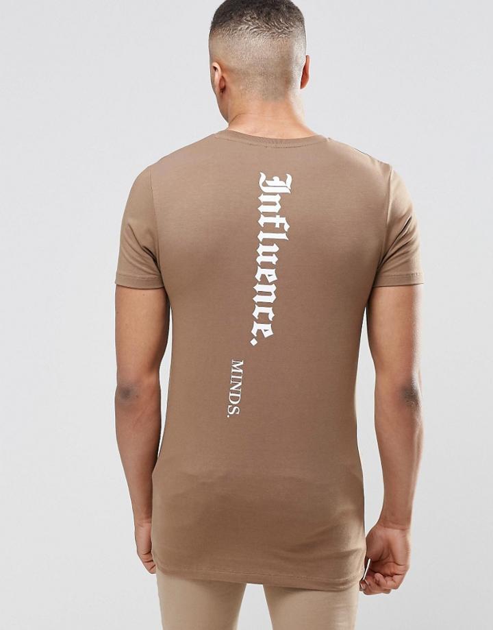 Asos Longline Muscle T-shirt With Influence Minds Spine Print In Brown - Coco Brown