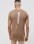 Asos Longline Muscle T-shirt With Influence Minds Spine Print In Brown - Coco Brown