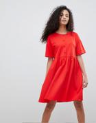 Asos Design Button Front Short Sleeve Smock Dress - Red