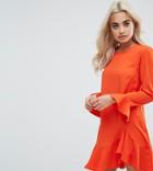 Asos Petite Fluted Sleeve Ruffle Hem Mini Dress - Orange