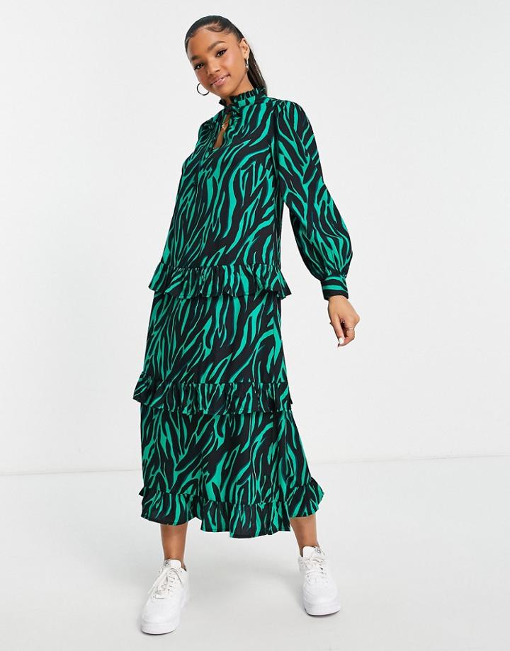 New Look Tie Neck Tiered Midi Dress In Green Zebra