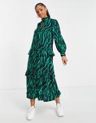 New Look Tie Neck Tiered Midi Dress In Green Zebra
