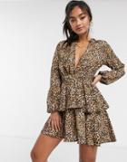 John Zack Plunge Front Skater Dress In Leopard Print-multi