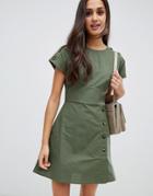 Asos Design Casual Twill Mini Dress With Button Detail - Green