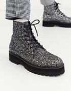 Asos Design Lace Up Boot In Glitter With Black Raised Chunky Sole