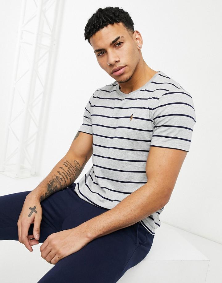 Polo Ralph Lauren Pima Cotton Player Logo Stripe T-shirt In Gray Heather / French Navy