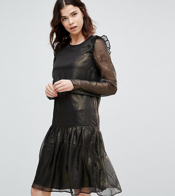 Y.a.s Tall Metallic Drop Hem Midi Skater Dress In Gold With Frill Shoulder