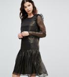 Y.a.s Tall Metallic Drop Hem Midi Skater Dress In Gold With Frill Shoulder
