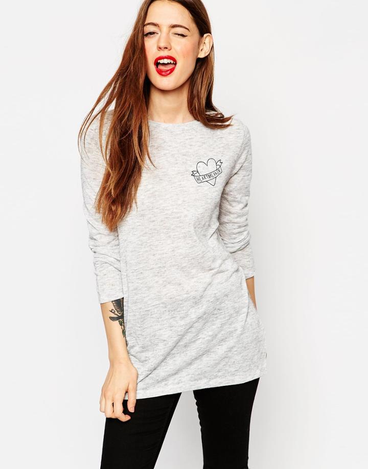 Asos Sweet Heart Slouchy Textured Split Side Longline Top - Gray