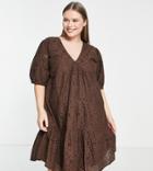Violet Romance Plus Broderie Smock Dress In Chocolate Brown