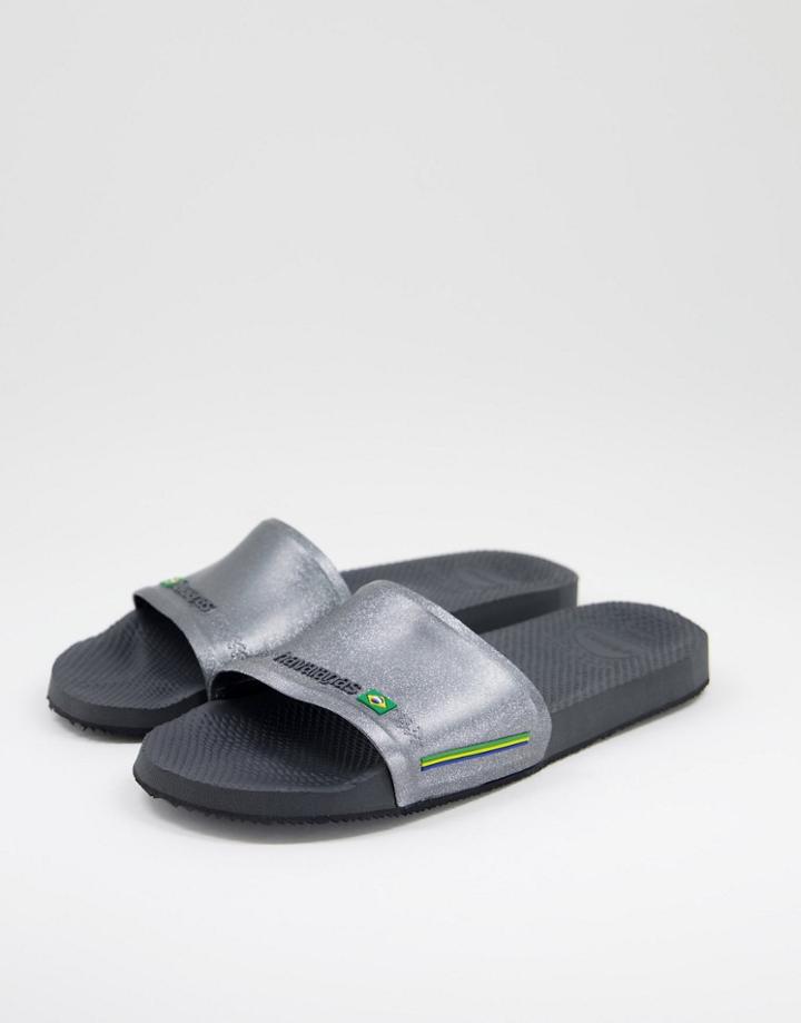 Havaianas Brasil Slides In Metallic Silver