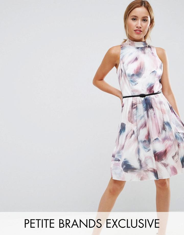 Little Mistress Petite High Neck Allover Printed Prom Skater Dress - Multi