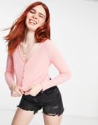 Cotton: On Cropped Button Through Henley Top In Pink