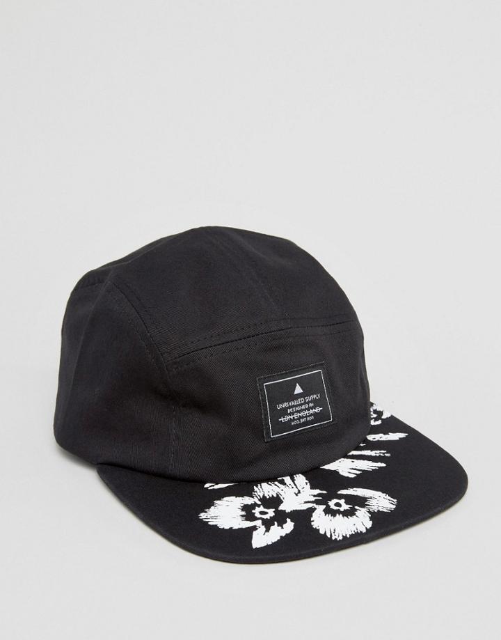 Asos 5 Panel Cap In Black With Floral Peak - Black