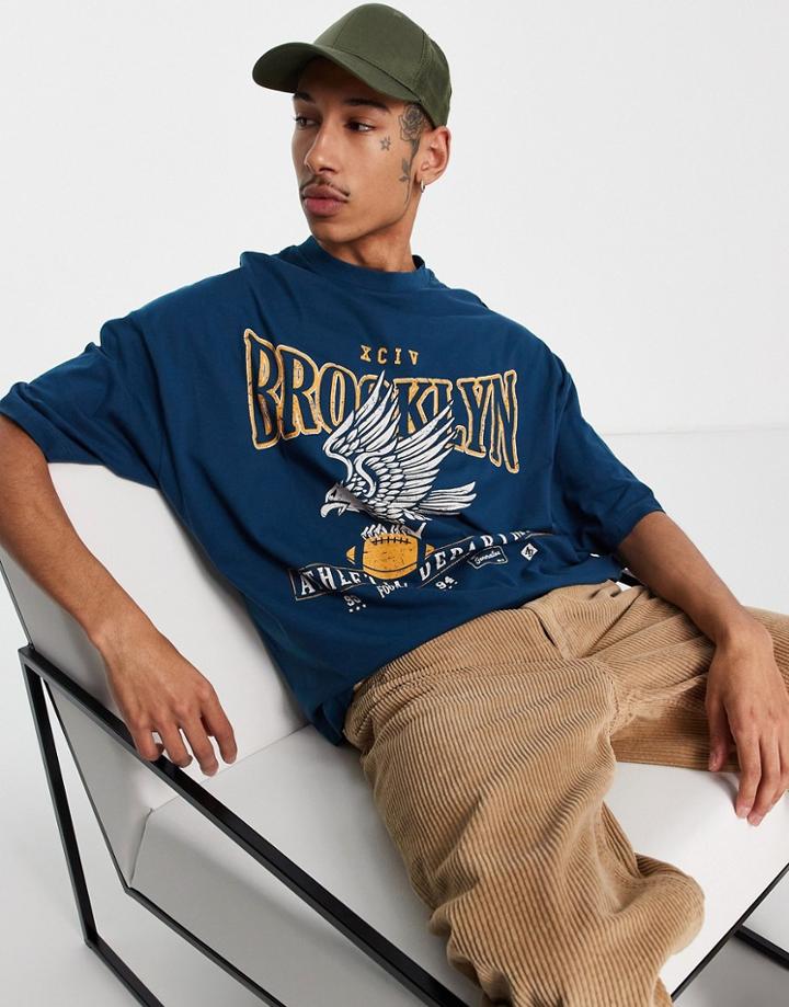 Asos Design Oversized T-shirt In Navy With Collegiate Front Print-blue