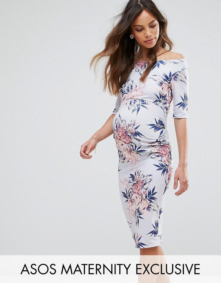 Asos Maternity Bardot Dress With Half Sleeve In Light Blue Base Floral - Blue