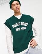 River Island Varsity Sleeveless V-neck Sweater In Green