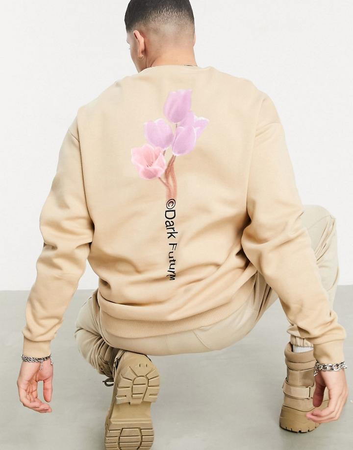 Asos Dark Future Oversized Sweatshirt In Beige With Back Graphic Print-neutral