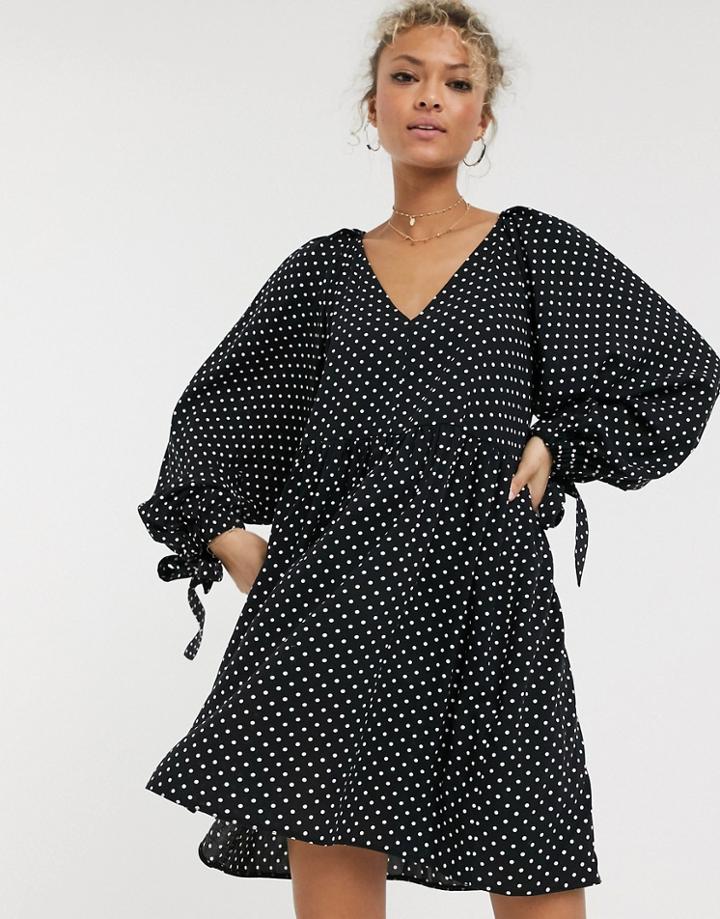 Asos Design Smock Mini Dress With Pleat Shoulder Detail In Mono Polka Dot-multi