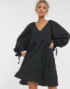 Asos Design Smock Mini Dress With Pleat Shoulder Detail In Mono Polka Dot-multi