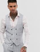 Harry Brown Wedding Slim Fit Stone Blue Check Suit Vest - Stone
