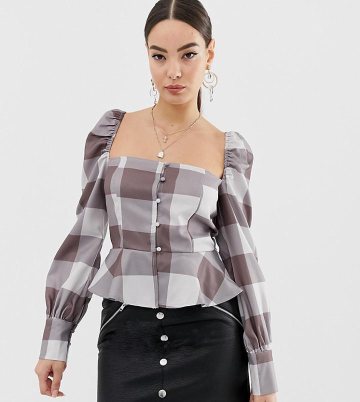 Missguided Square Neck Peplum Top In Gray Check - Gray
