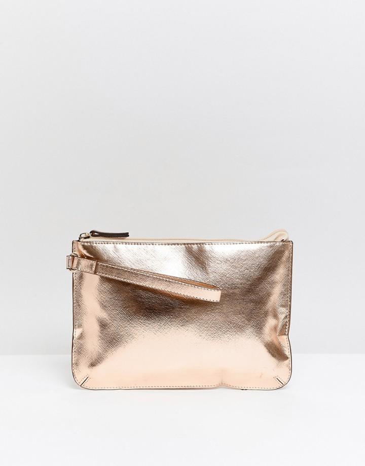 Asos Design Zip Top Wristlet Clutch Bag In Metallic - Copper