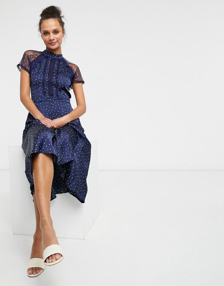 Liquorish A-line Lace Detail Midi Dress In Navy Polka Dot